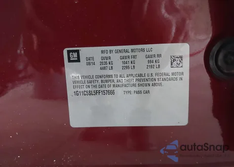 2015 Chevrolet Malibu 1Lt из США, поврежденный, VIN 1G11C5SL5FF157666